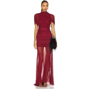 Elegant Burgundy Sheer Overlay Evening Dress